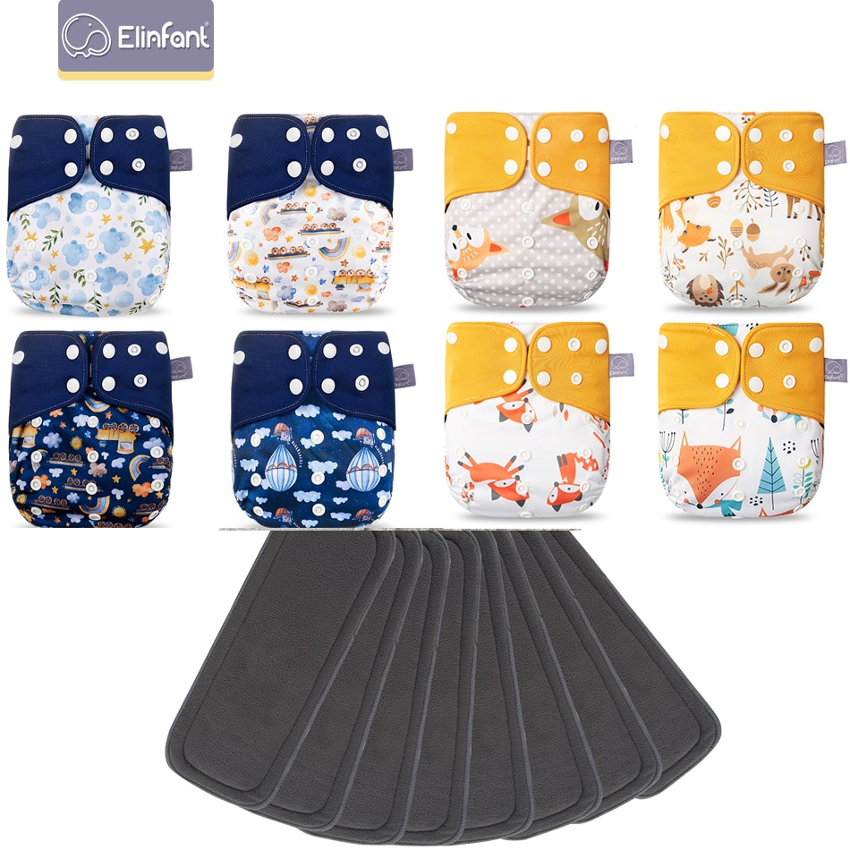 Elinfant Diaper Set 8 Pcs Washable Eco-friendly Baby Cloth Diaper With 8 Pcs Insert Nappy Reusable Diaper Fit 3-15kg Baby