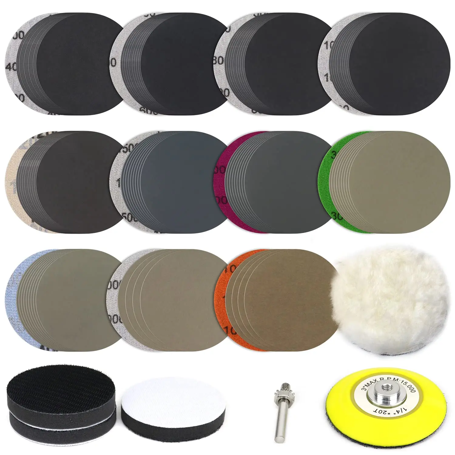 155 PCS Sanding Discs 3 Inch Silicon Carbide 400-10000 Grits Wet & Dry Hook and Loop Sandpaper for