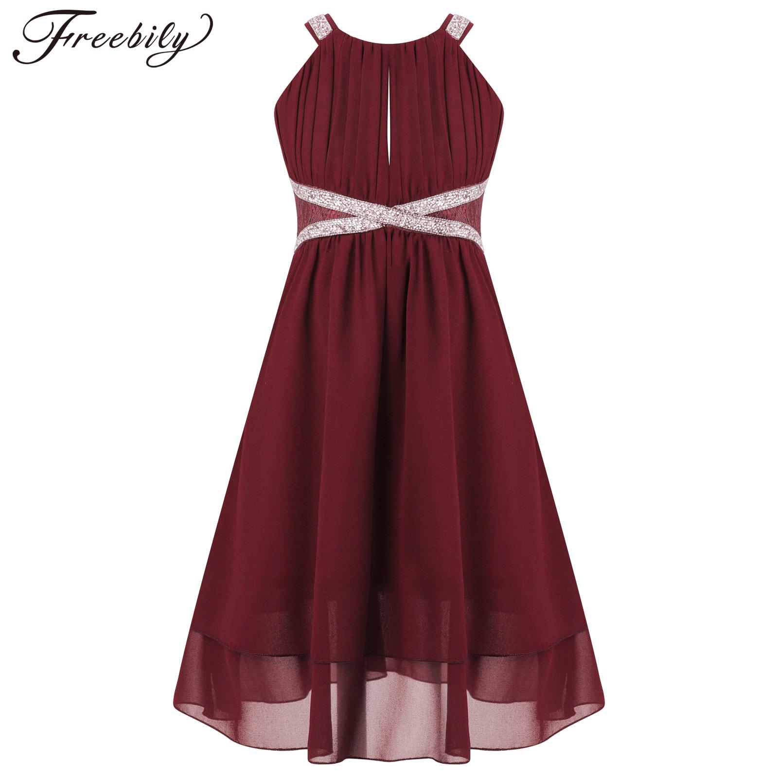 Kids Flower Girls Dress Elegant Birthday Party Bridesmaid Dress Sleeveless Keyhole Rhinestone Chiffon Summer Communion Dress