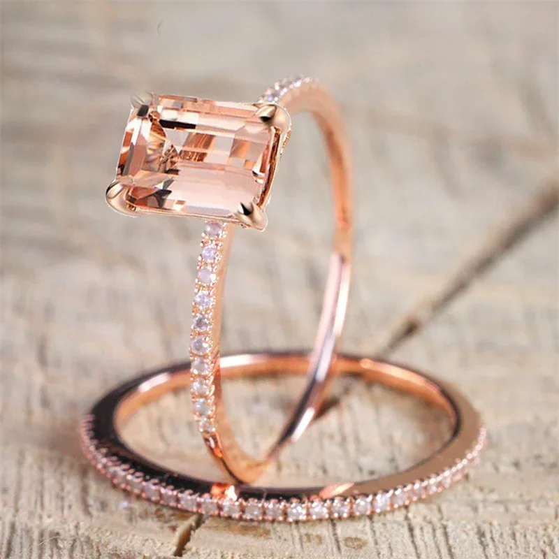Elegant Luxury Rose Gold Colors Rings for Women Trendy Metal Inlaid Champagne Stone Wedding Ring Set