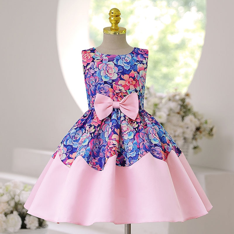 Floral Printed Sleeveless Girls' Satin Dress A-line Skirt Color Matching Dresses Digital Printing Bridesmaid Dresses