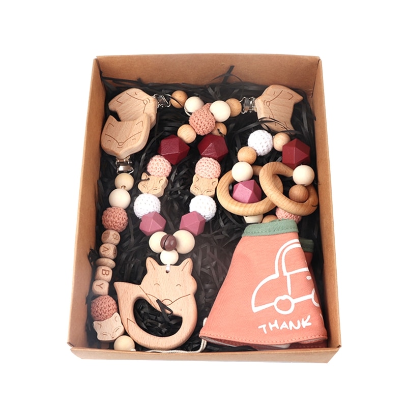 4 Pcs/Set Baby Pacifier Chain Clip Pram Clip Pendant Stroller Rattle Wooden Bracelet Teething Toy Feeding Drool Bib Saliva Towel