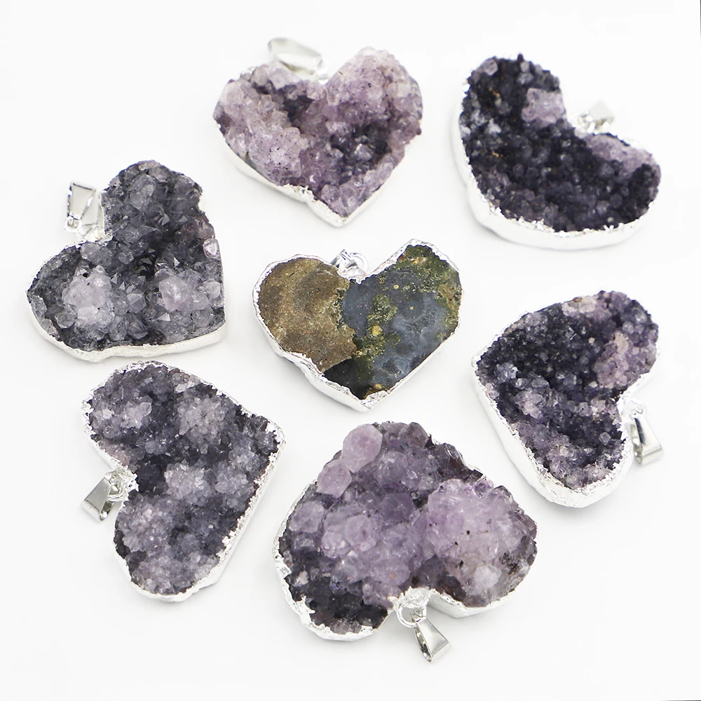 3pcs/lot New Fashion Natural Stone Heart Druzy Pendants Necklace Shape Exquisite Amethyst Unisex DIY