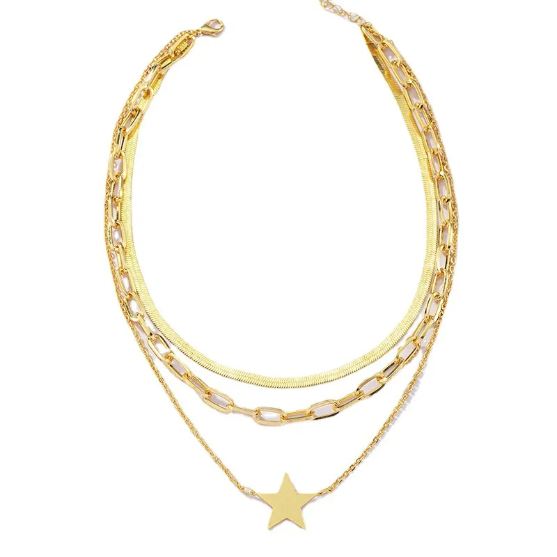 IngeSight.Z Flat Blade Snake Chain Choker Necklaces Multi Layered Gold Color Star Pendant Necklaces