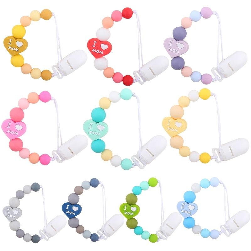 Baby Silicone Pacifier Clip with I Love Mom Dad Heart Beads Chain Infant Toddler Teething Chewable Soothie Teether Chew Toys