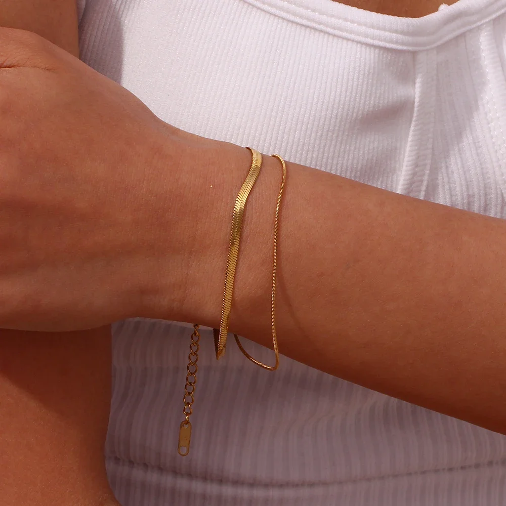 E.B.belle Minimalist Basic Herringbone Snake Chain Double Layers Gold Plated Chain Bracelets