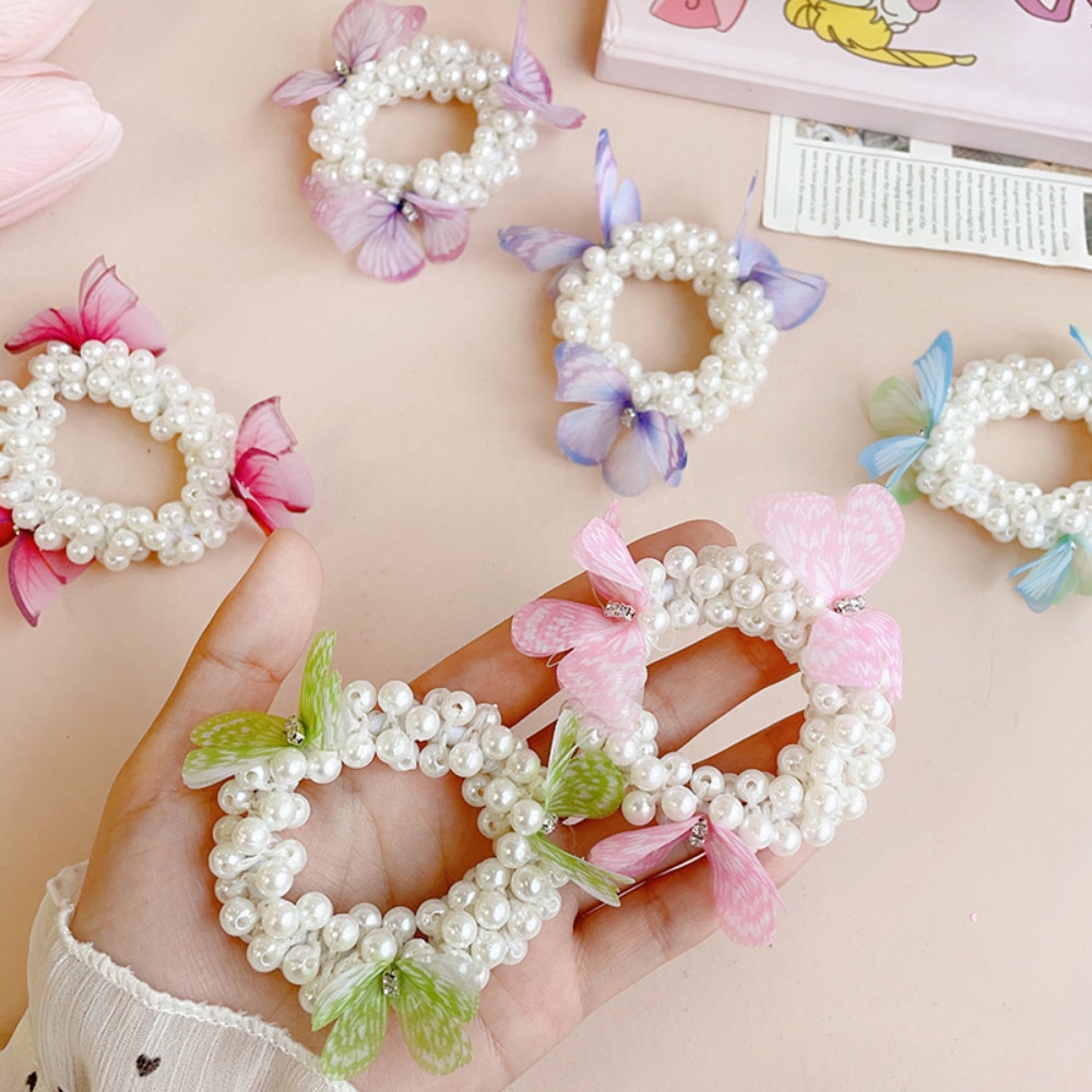 New Fashionable Children's Pearl Scrunchie Little Girl Sweet Butterfly Occurrence Bun Head Headstring Baby's New Pearl