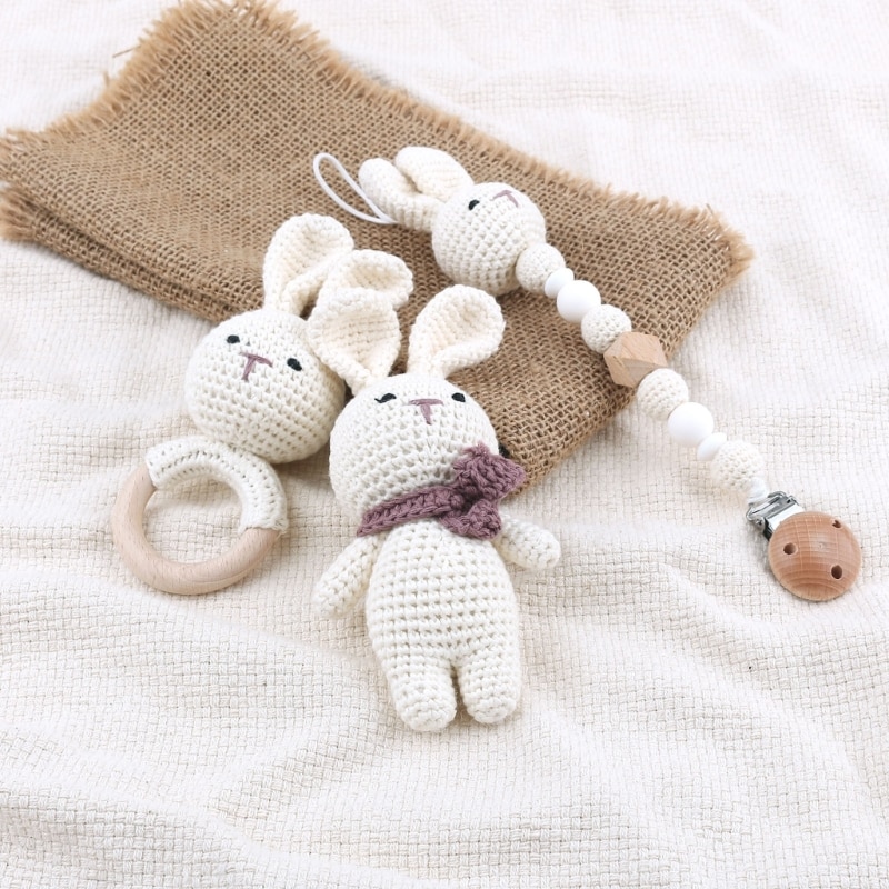 Y55B Baby Pacifier Clip Crochet Rabbit Handbell Teething Rattle Dummy Chain Boy Girl Unisex Rattle Teether Infant Shower Gift