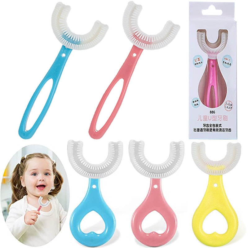 360 Degree U-Shape Baby Toothbrush Children Toothbrush with Hanlde 2-12Years Kids Silicone Teethers Oral Care Cleaning Brushes