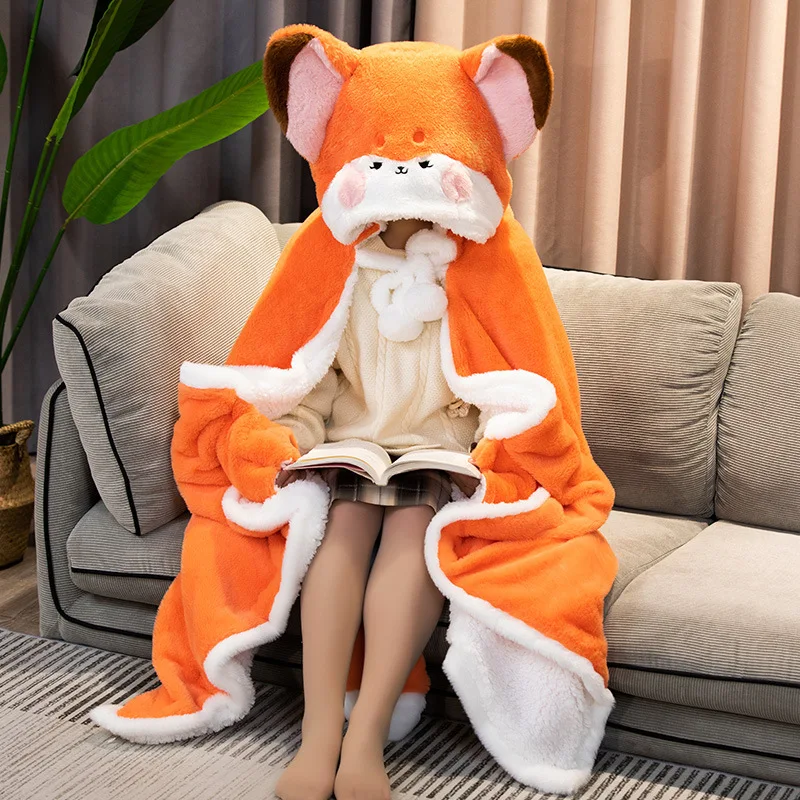 Fox Lovely Plush Soft Cloak Fox Cape Cartoon Cloak Coral Fleece Air Blankets Birthday Valentine