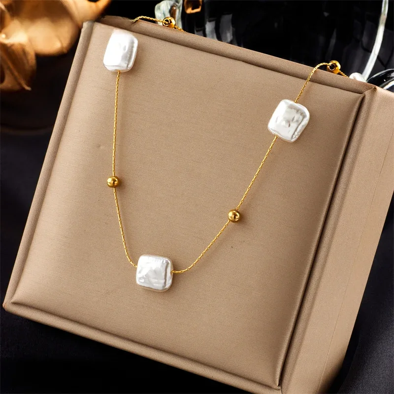 DIEYURO 316L Stainless Steel Square Large Pearl Pendant Necklace For Women New Fashion Girls