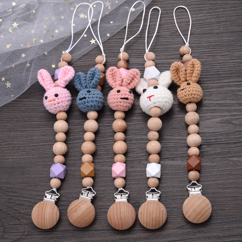 Baby Beech Handmade Teether Pacifier Chain Cartoon yarn Rabbit Wood Teether Chain Baby cut Pacifier Clips Teething Chew Toys