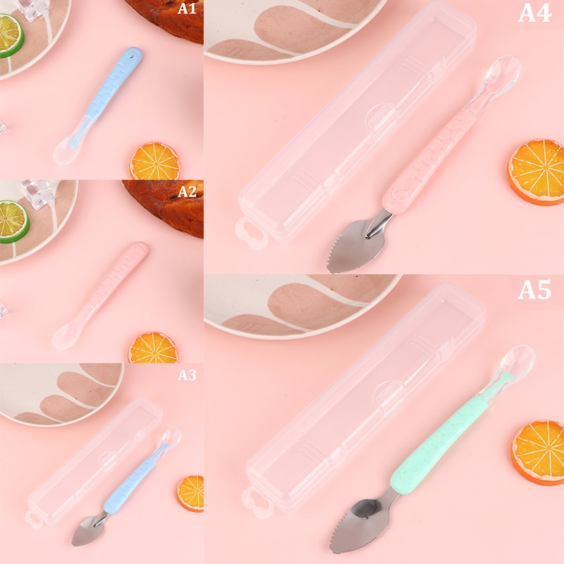 Baby Food Feeding Spoon Stainless Steel Scraping Silicone Soft Spoon Infant Tableware Utensil With Box Children Toddler Cutlery