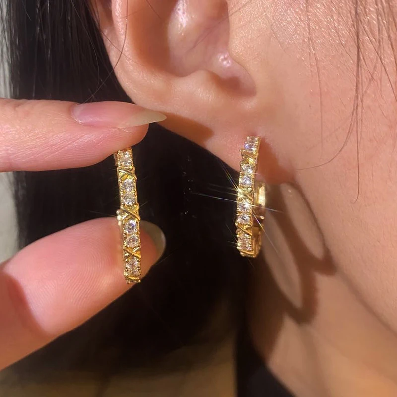 Gold Plated Zircon Cross X Hoop Earrings for Woman Luxury Statement Jewelry Wedding Party Crystal