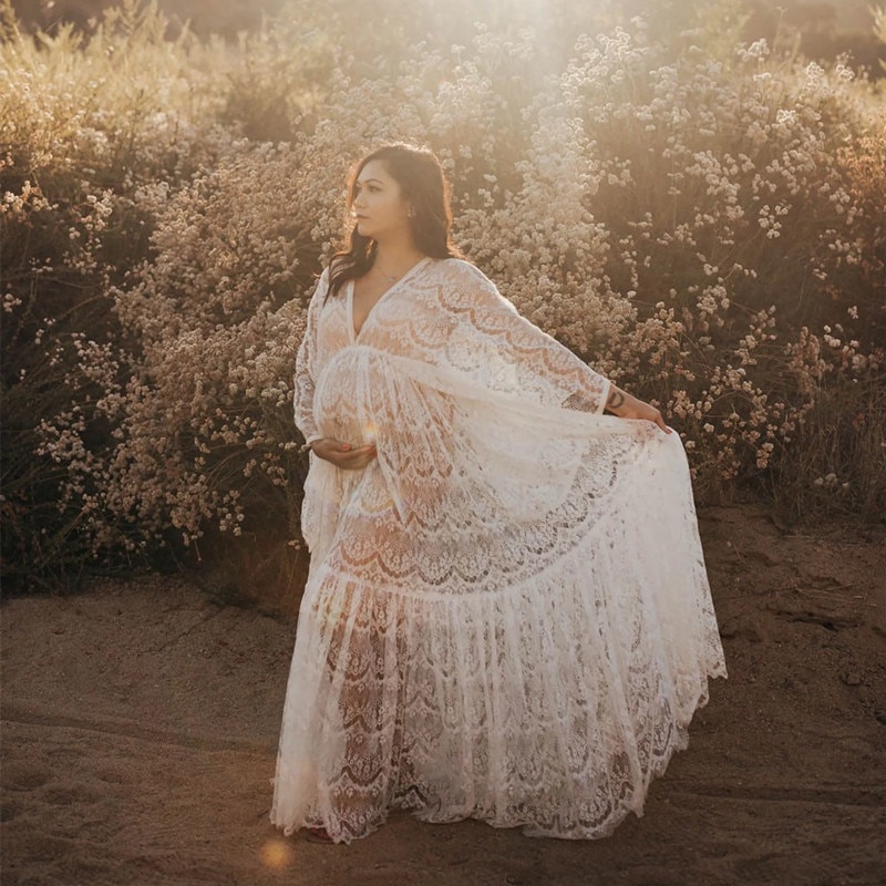 Summer White Lace Maternity Photo Shoot Long Dress V-neck Boho Pregnancy Photography Maxi Dress