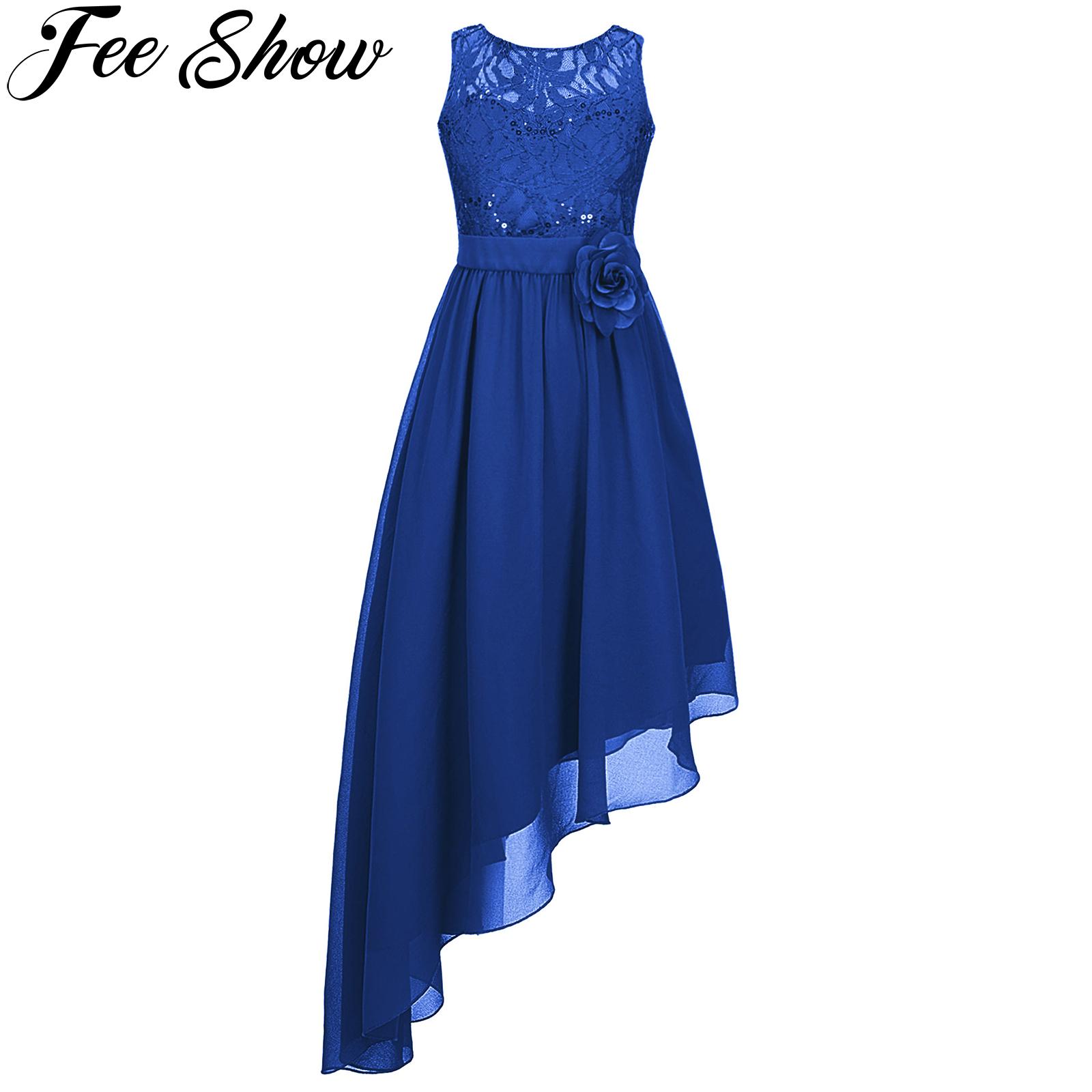 Kid Flower Girls Dress Shiny Sequin Lace Birthday Party Formal Occasion Dress Sleeveless Pinned Flower Slanted Chiffon Hem Dress