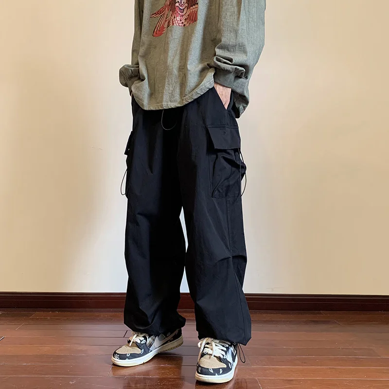 Cargo Pants Men Streetwear Hip Hop Pants Elastic Waist Harem Ankle length Trousers Black Harajuku