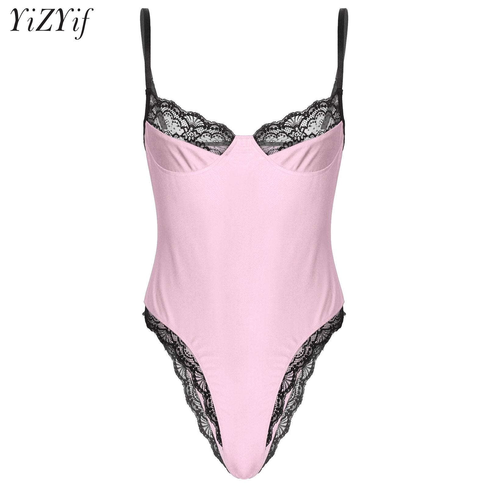 Men's Sexy One Piece Sissy Lingeries Underwear Pajamas Teddy Crossdresser Lace Trim High Cut Thong Bodysuit for Date Night