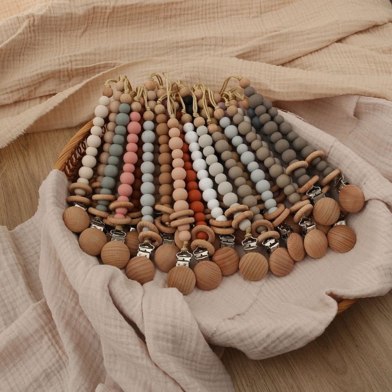Baby Pacifier Clips Silicone Beads Wooden Ring Pacifier Chain Infant Nipple Appease Soother Chain Clips Dummy Holder Nipple Clip