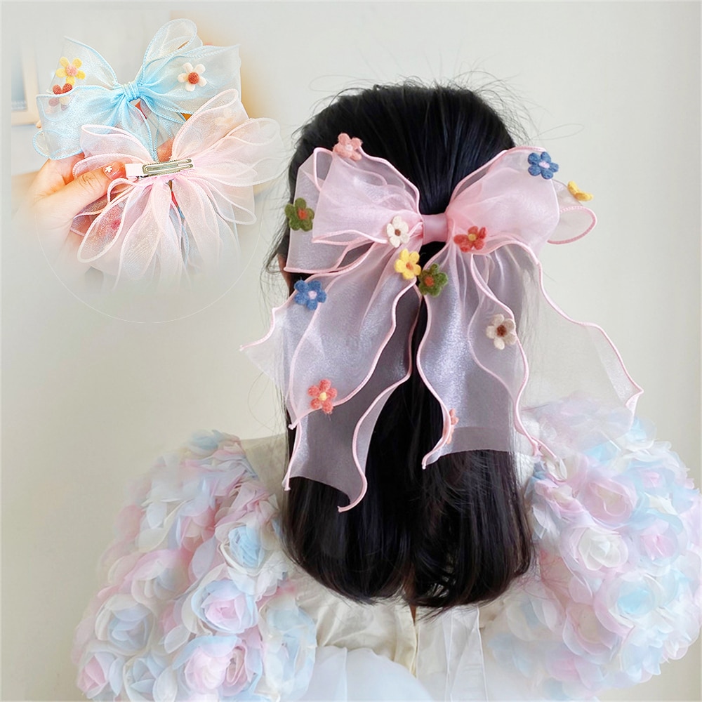 Korean Long Ribbon Fairy Hair Clips for Girls Spring Summer Flower Clips Organza Large Cute Hairpin Kids Hair Accessories Gift