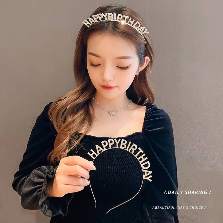 LEVAO Rose Gold Silver Headband Happy Birthday Hair Band Headwear Fashion Rhinestone Girls Women's