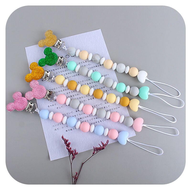 Handmade Baby Boy Girl Pacifier Holder Chain Food Grade Chew Silicone Beads Bling Bling Infant Pacifier Clip Baby Shower Gifts