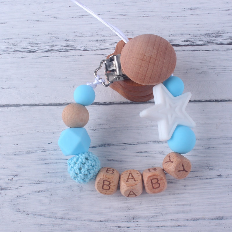 Baby Pacifier Chain Beech Wood Clip DIY Star Baby Pacifier Chain Customized Name Toys Holder Gifts