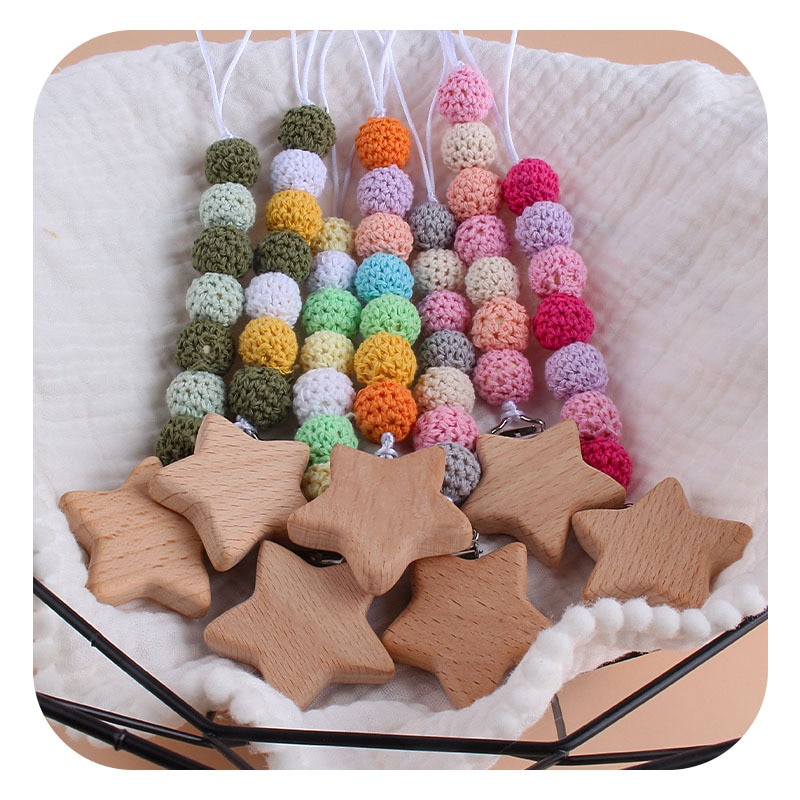 Baby Handmade Pacifier Chain Five-pointed Star Beech Wood Clips Crochet Beads Nipple Dummy Holder Infant Nursing Leash Strap