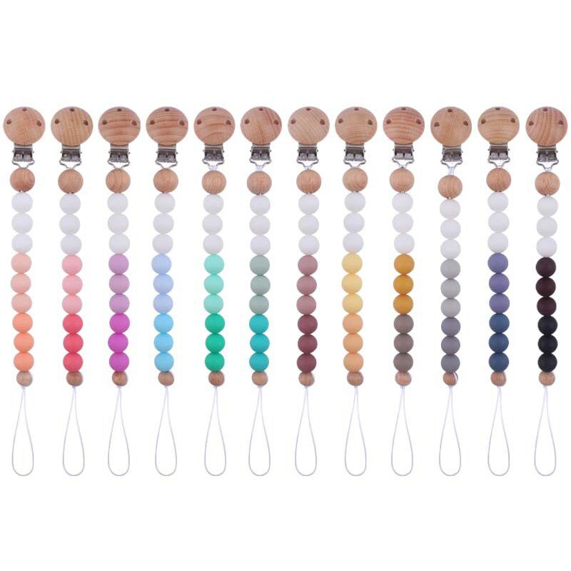 Silicone Round Beads Baby Pacifier Chain Clips Wood Nipple Holder Baby Soother Chain Dummy Holder for Infant Newborn Gifts
