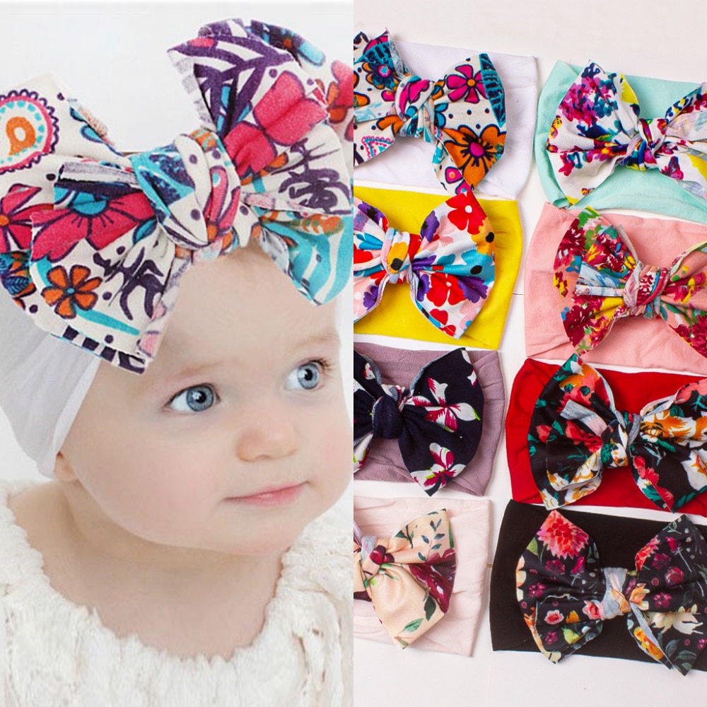 Children's Printed Large Bow Nylon Headband with Soft Elastic Hair Accessories for Baby Headbands Baby Turban