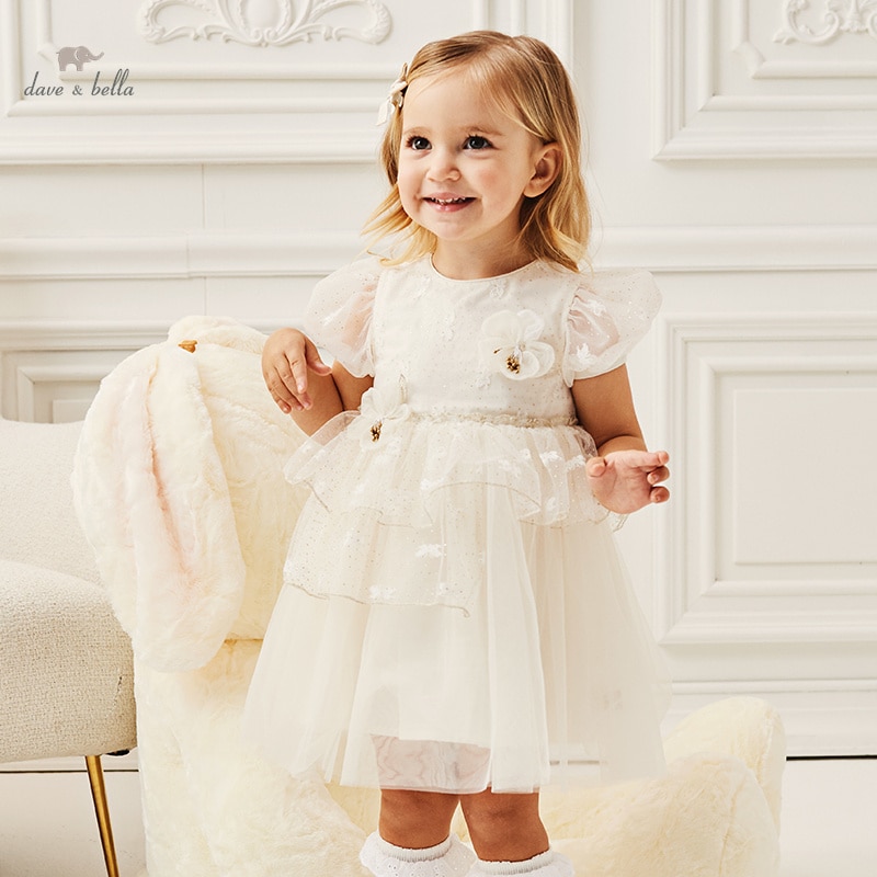 Dave Bella Girl's Dresses Children's New Baby Mesh Foreign Style Lovely Sweet Flower Puff Sleeve Summer Princess DB223