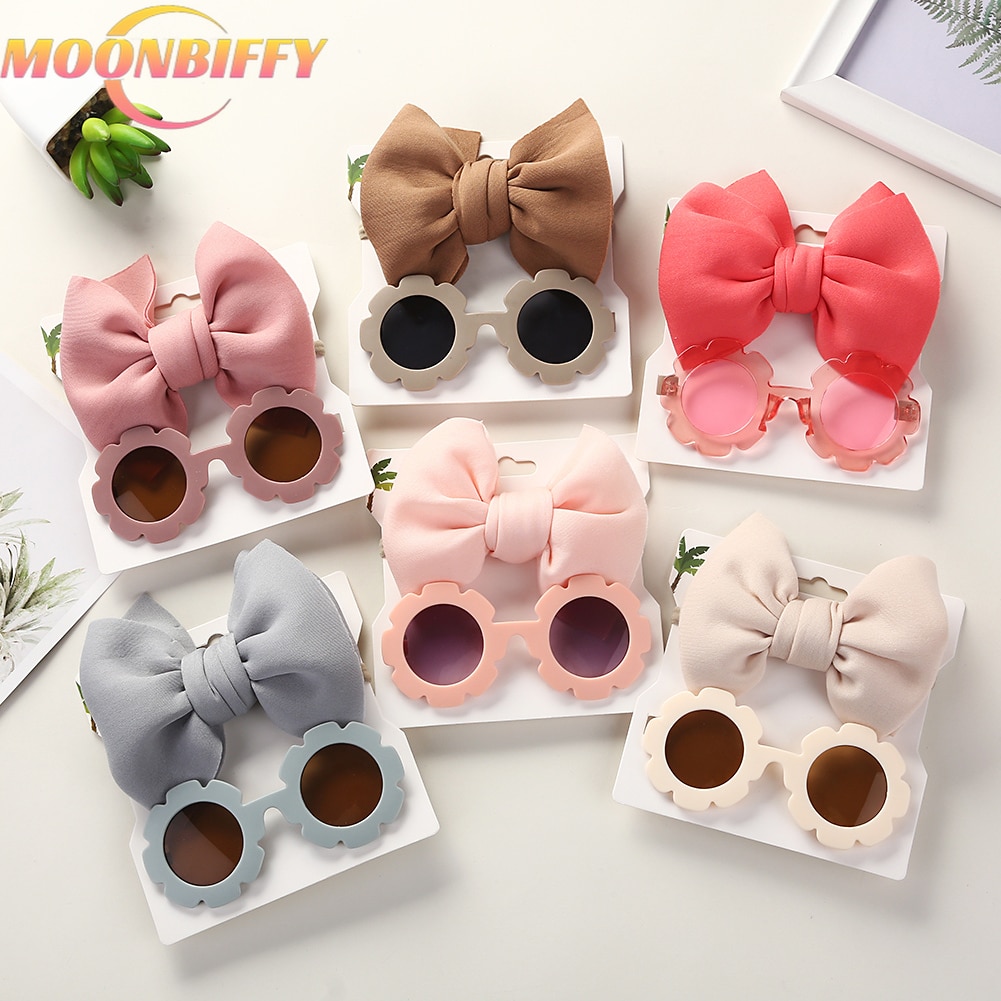 Baby Girls Hair Accessories Fashion Sun Flower Sunglasses Bow Hairband Set Newborn Head Bands Summer Beach Photography Props