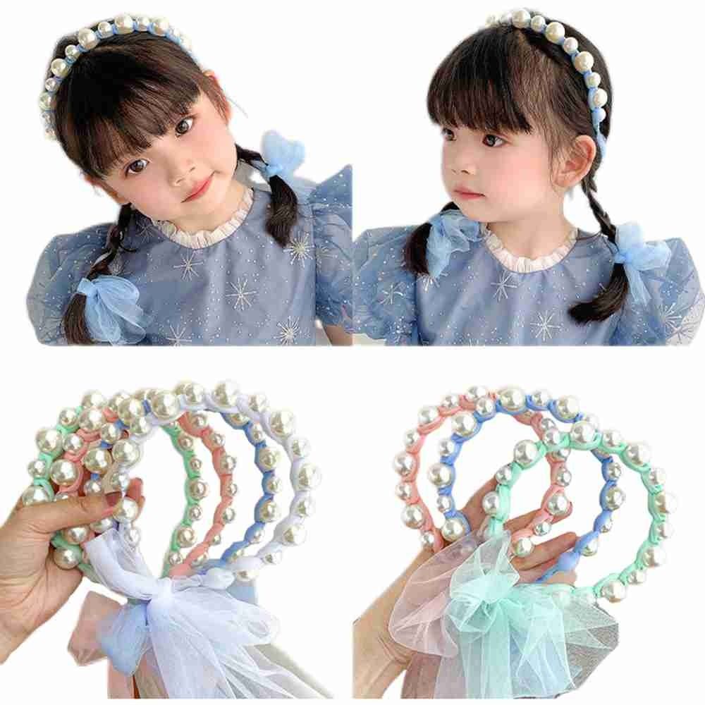 1PC Children Pearl Streamer Headbands Princess Solid Organza Braided Bowknot Hairbands for Baby Girls Hair Hoop Hair Accessories