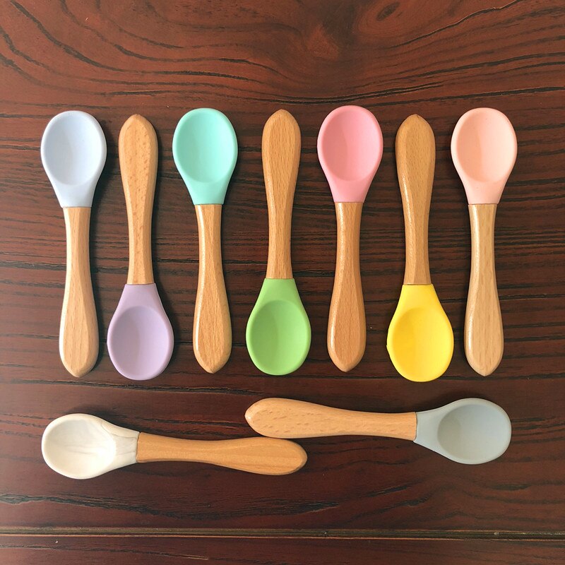 Baby Wooden Spoon Silicone Wooden Baby Feeding Spoon Organic Soft Tip Spoon BPA Free Food Grade Material Handle Toddlers Gifts