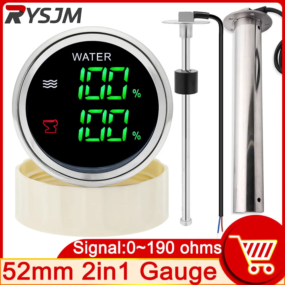 NEW 52mm Dual Gauge Water Level Gauge Sewage Level Meter with Warning Water Level Sensor 0-190 Ohm