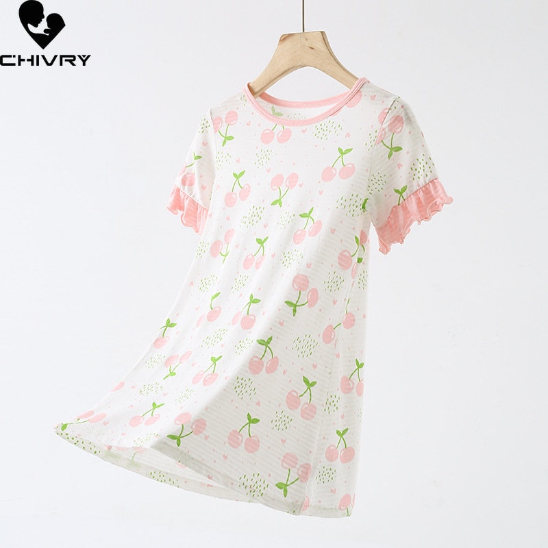 New 2023 Girls Nightgowns Summer Thin Short Sleeve O-neck Cartoon Cherry Print Sleepwear Baby Girl Sleeping Dress Homewear