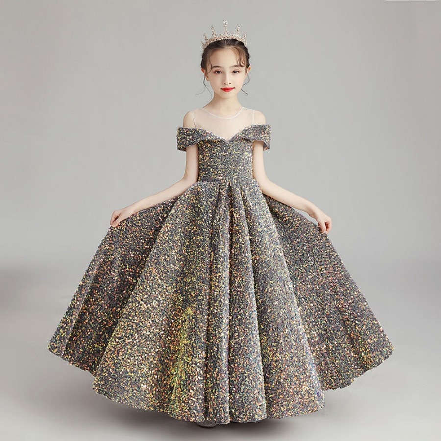 Luxury Teen Shine Backless Model Show And Red Carpet Off Shoulder Dress 3 To 14 Years Girls Back Tie Prom And Night Dinner Gown
