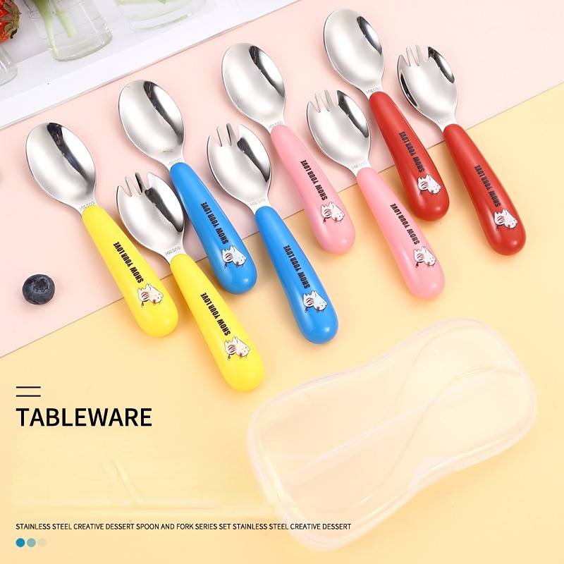 Baby Feeding Tableware Set Children Utensil Stainless Steel Toddler Dinnerware Cutlery Cartoon Infant Food Feeding Spoon Fork