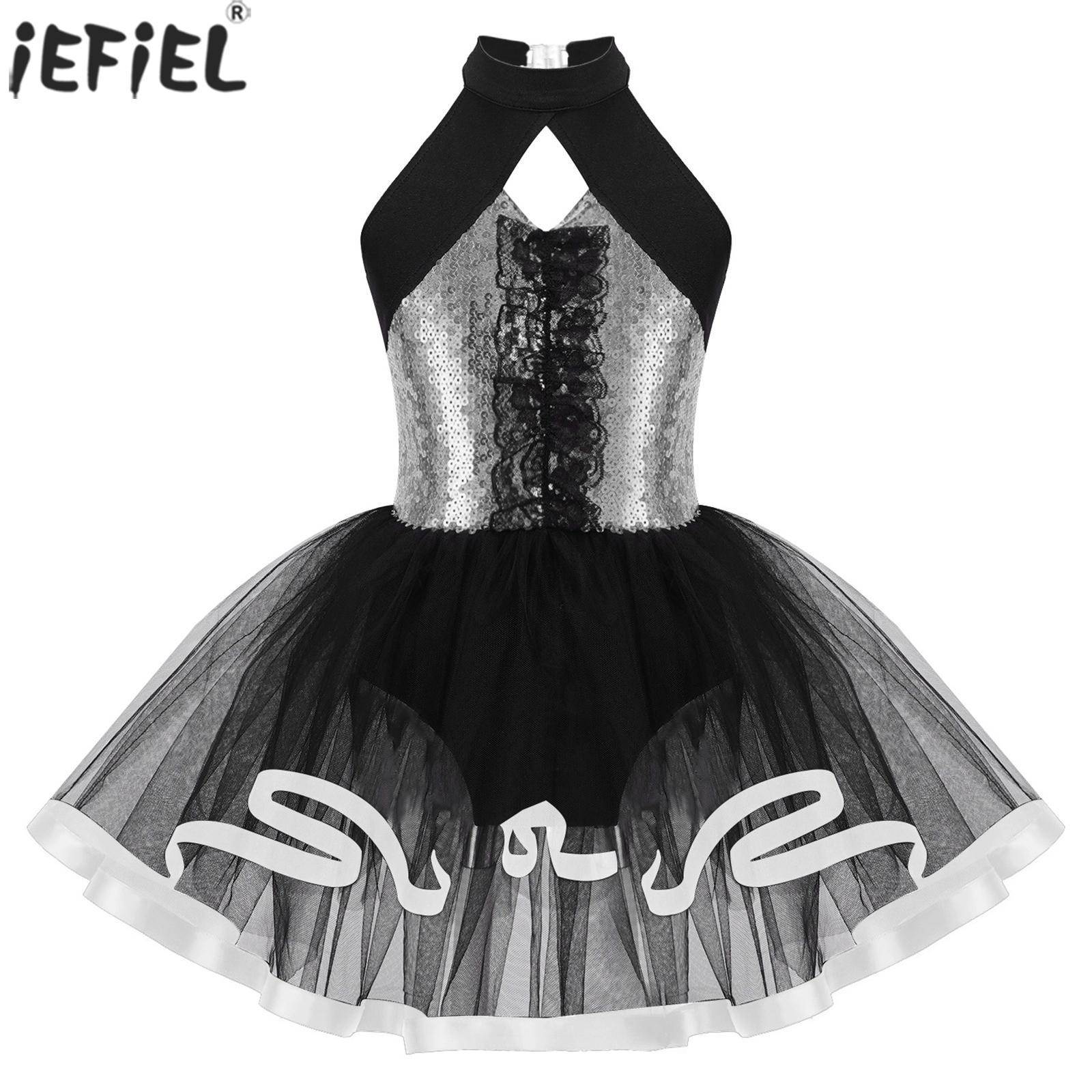 Kids Girls Sequins Ballet Dance Tutu Dress Sleeveless Gymnastics Lyrical Leotards Latin Jazz Ballerina Stage Party Dancewear