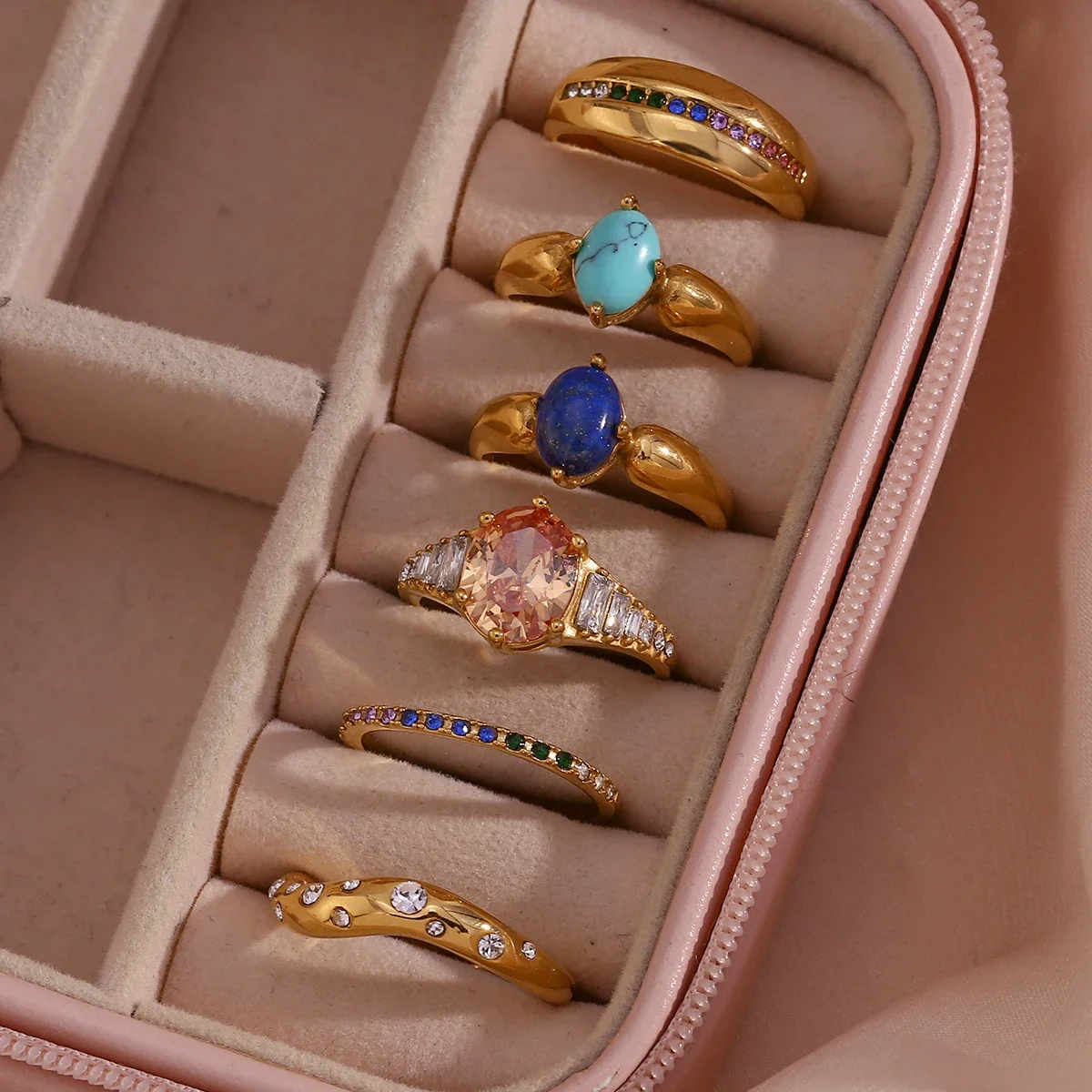 E.B.belle Gem Lapis Turquoise 3A Cubic Zirconia Colorful Rainbow Crystal Rings For Woman Gold Plated