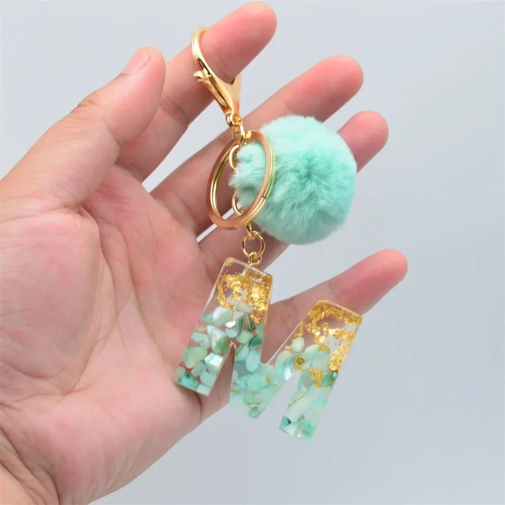 26 Initials Letter Key Pendant With Green Fluffy Pompom Fashion Girls Handbag Glitter Gradient Resin