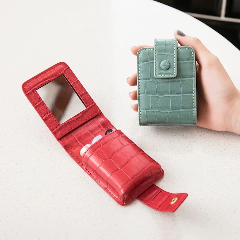 Mini Portable Lipstick Bag With Mirror,Minimalism Small Cosmetic Bag With Button, Crocodile Embossed