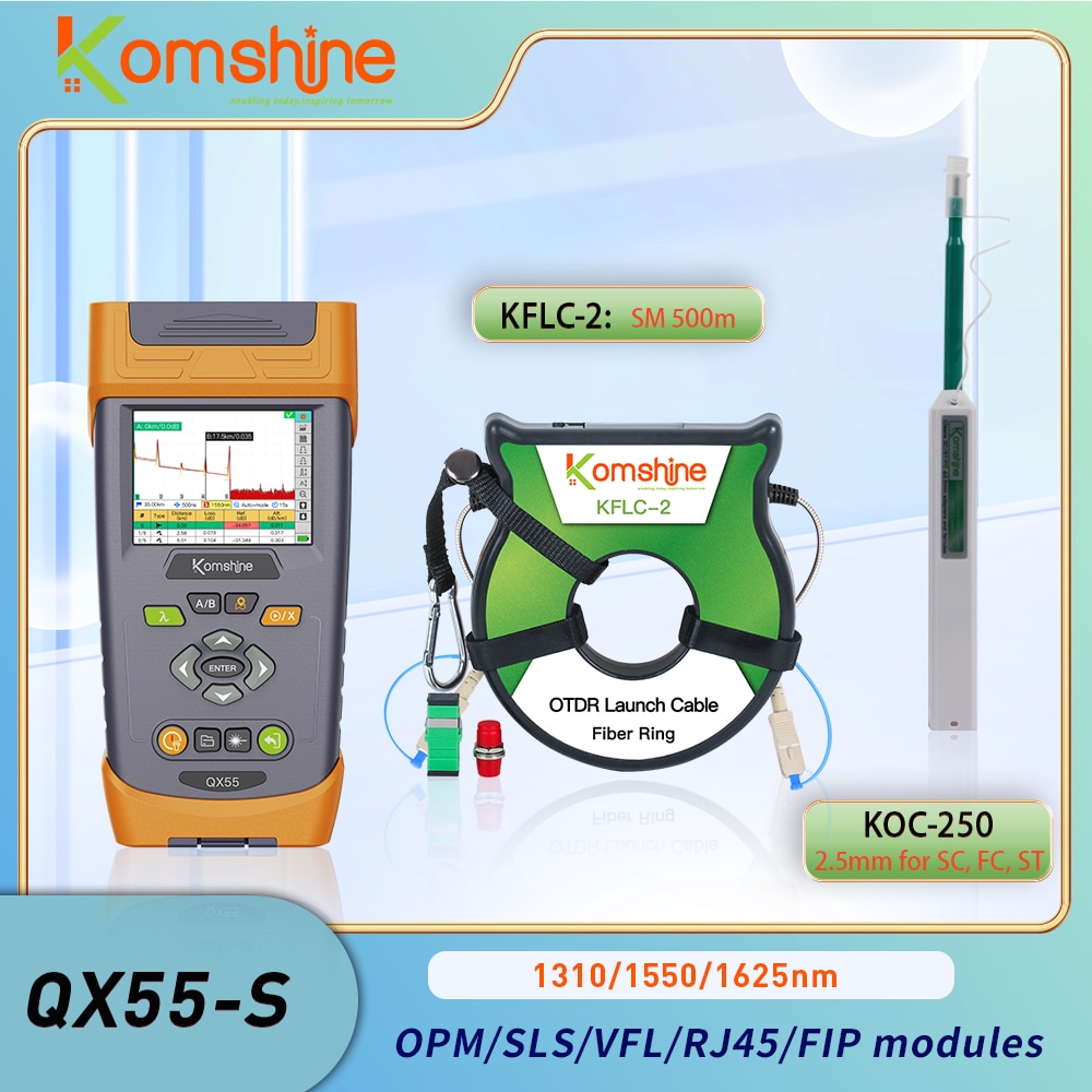 KomShine FTTH QX55 OTDR 1310/1550nm Built in 10mw VFL, Power Meter, Fiber Slitter 1:16. SM OTDR Fiber Ring 500m. 2.5mm Cleaner