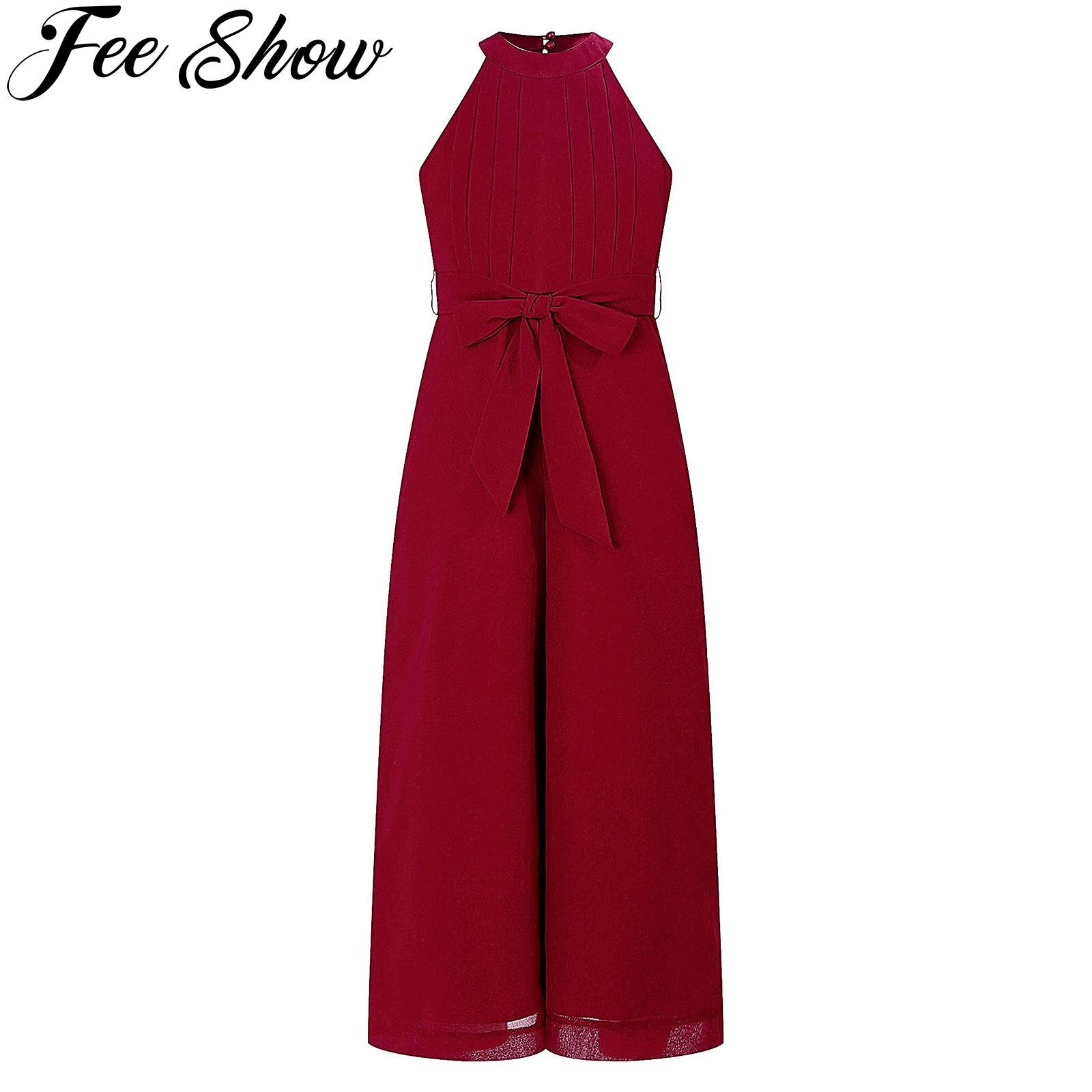 Kids Girls Summer Wedding Birthday Party Chiffon One Piece Rompers Halter Neck Sleeveless Relax Fit Jumpsuit with Self-Tie Belt