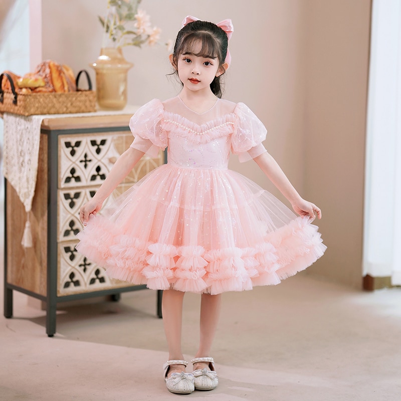 6837 Little Girl Mesh Princess 2023 New Mid Size Children's Short Sleeve TUTUTU Holiday Activity Long Dress