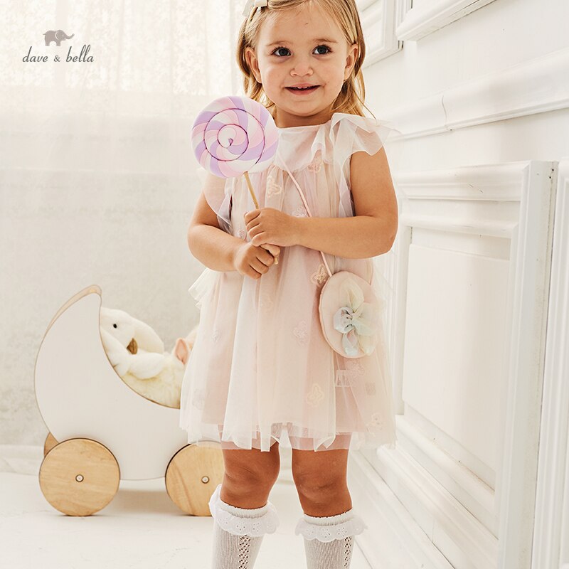 Dave Bella Girl's Dresses Children's New Baby 2023 Mesh Foreign Style Lovely Sweet Flower Sleeveless Summer Princess D