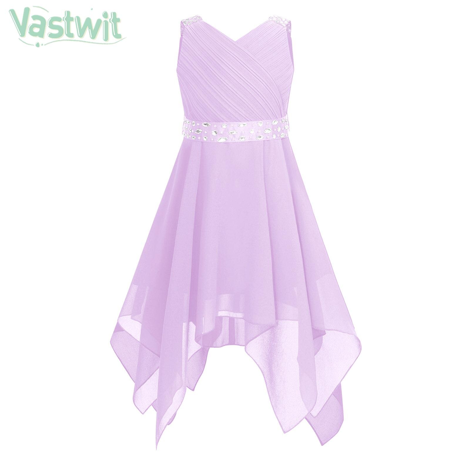 Children Girls Elegant Shiny Ruched Chiffon Party Dress Wedding Bridesmaid Dresses with Belt Birthday Evening Prom Princess Gown