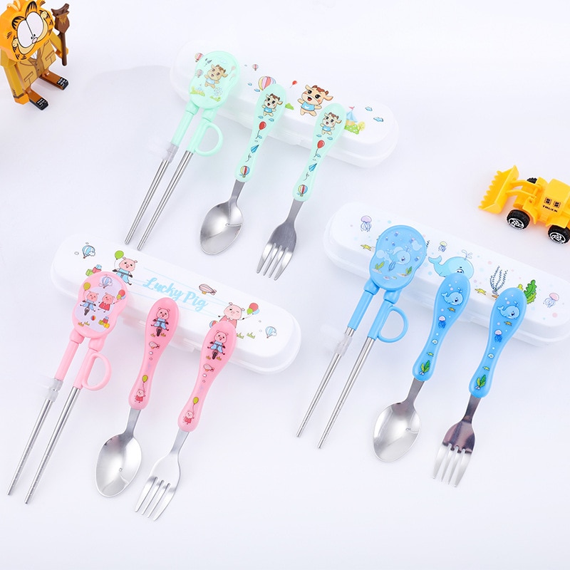 Children Feed Training Chopsticks Spoons Cartoon Pattern Baby Feeding Spoon and Fork Portable Box Tableware Set