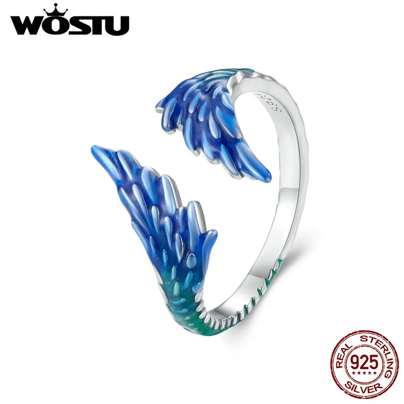 WOSTU 925 Sterling Silver Blue Wing Ring Original Enamel Ring for Women Adjustable Jewelry Vintage