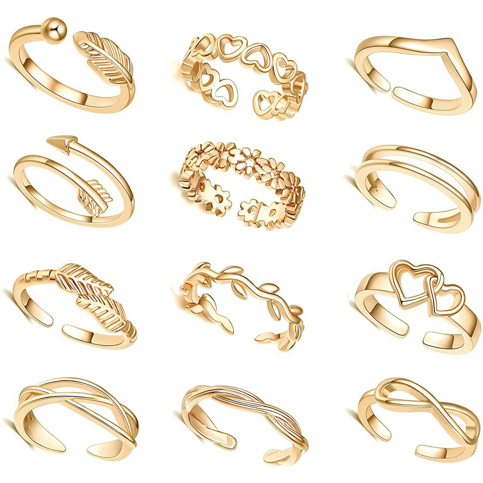 12Pcs Adjustable Toe Rings for Women Foot Ring Gold/Silver Color Metal Round Jewelry for Girls Summer Beach Barefeet Fashion